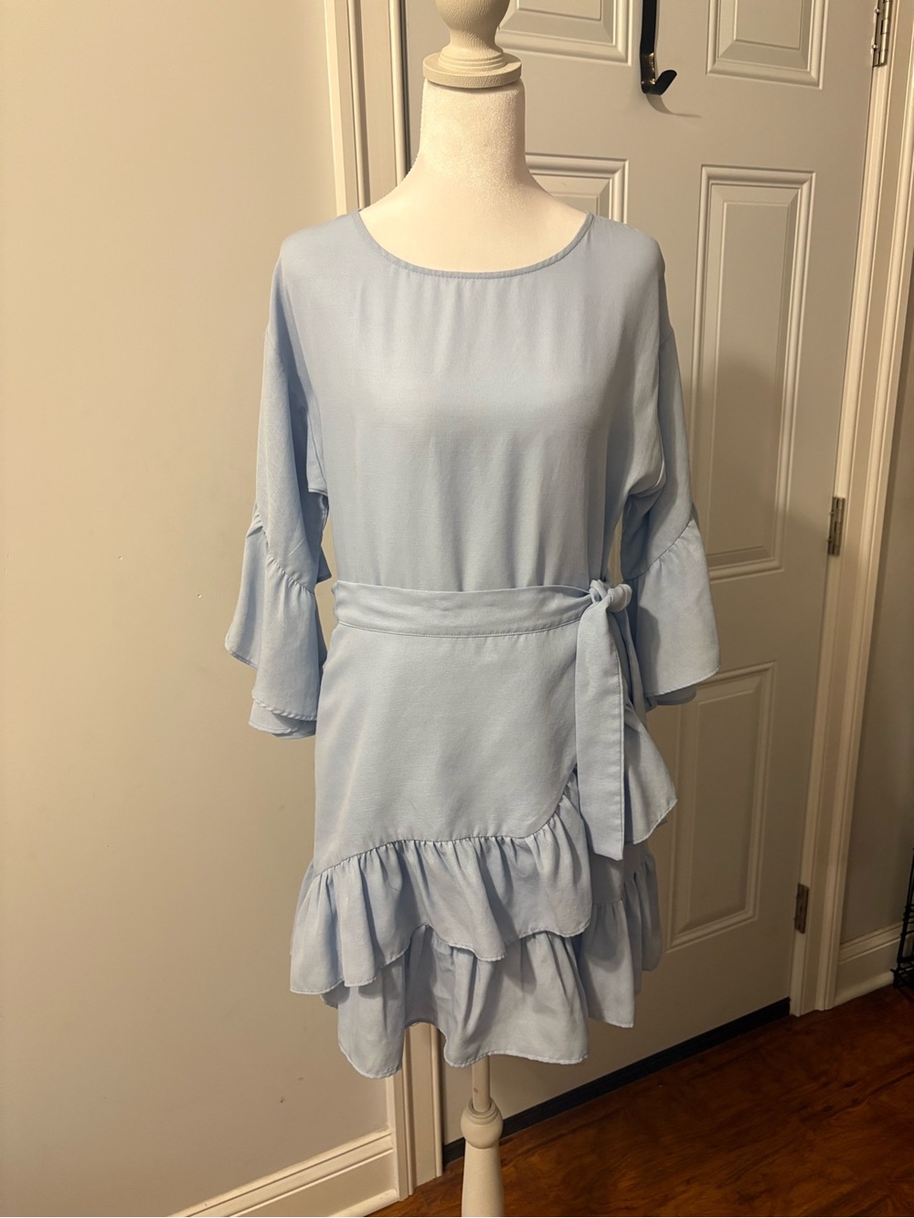 the clothing company Light Blue Ruffle Tie-Waist Mini Dress
